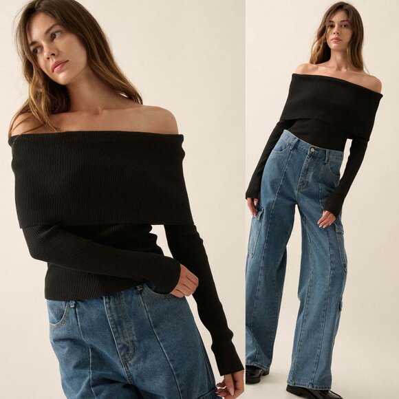 Promesa Tops - Billie Rib-Knit Off-Shoulder Foldover Top | Women's Black Blouse | Trendy Style